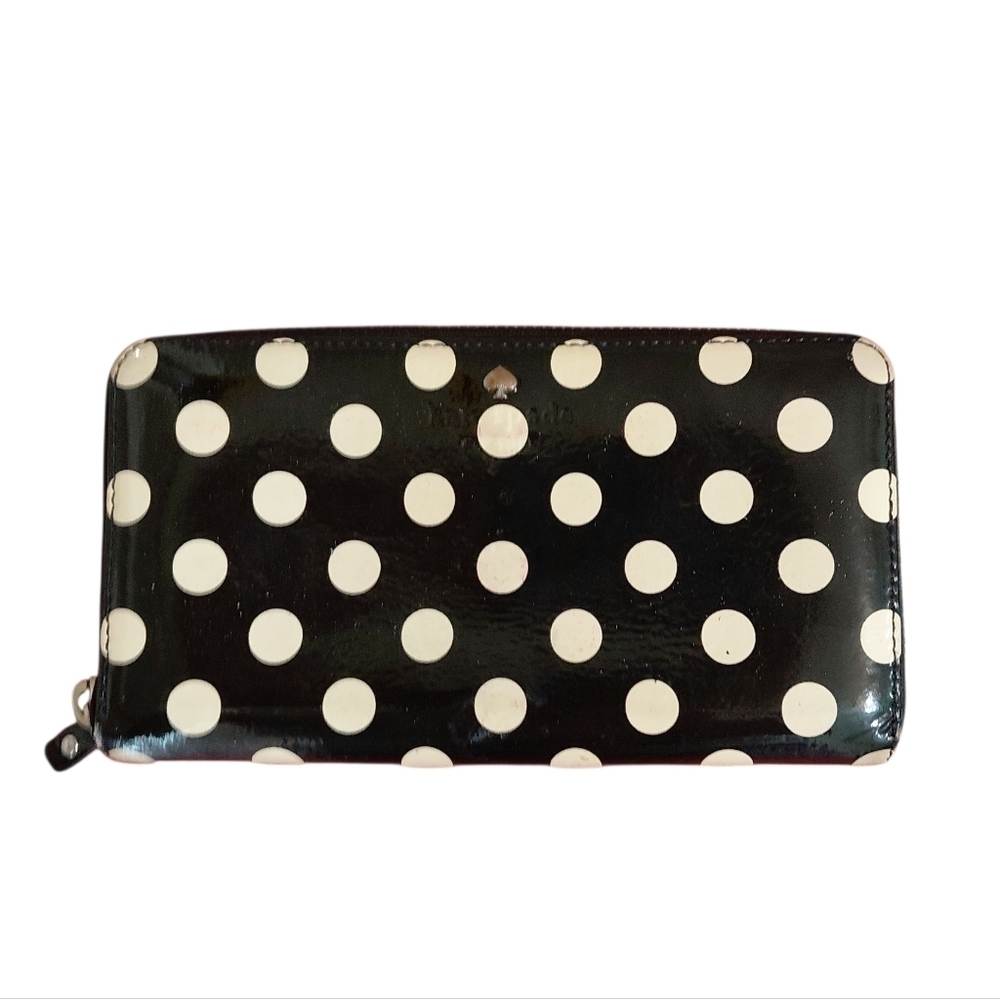 Kate Spade Carlisle Street Lacey Black  & Ivory Polka Dot Zip Around Wallet
